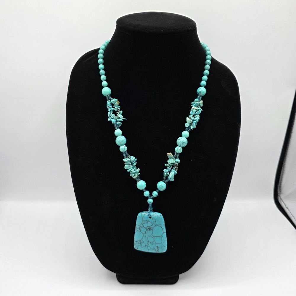 Womens Turquoise Chip Beaded Square Pendant Necklace Summer Beach‎ Boho 34"